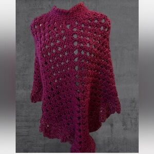 Magenta Purple Pink Open Knit Boho Crochet Mock Neck Poncho